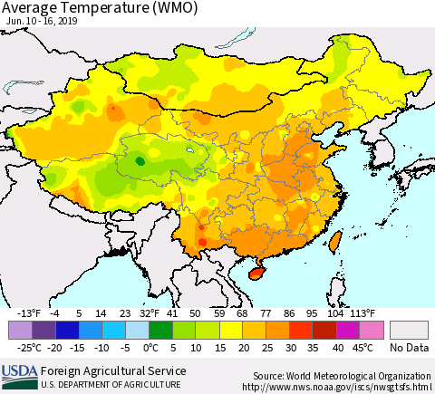 China and Taiwan Average Temperature (WMO) Thematic Map For 6/10/2019 - 6/16/2019