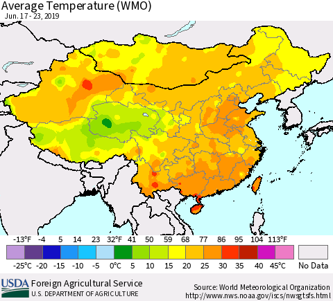 China, Mongolia and Taiwan Average Temperature (WMO) Thematic Map For 6/17/2019 - 6/23/2019