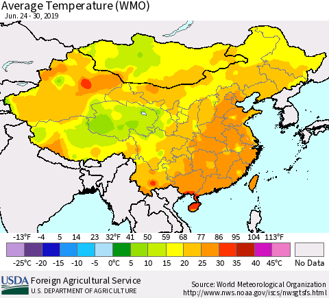 China and Taiwan Average Temperature (WMO) Thematic Map For 6/24/2019 - 6/30/2019