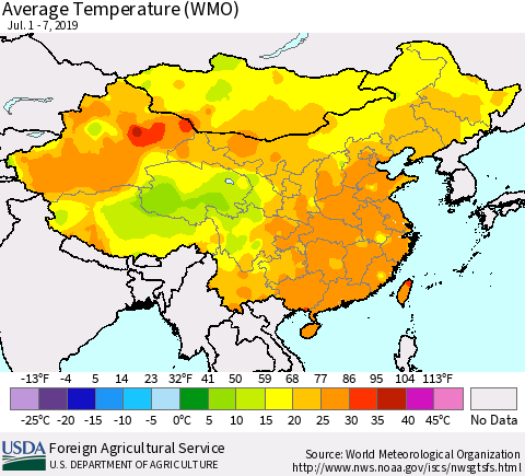 China and Taiwan Average Temperature (WMO) Thematic Map For 7/1/2019 - 7/7/2019