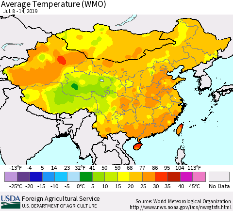 China and Taiwan Average Temperature (WMO) Thematic Map For 7/8/2019 - 7/14/2019