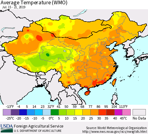 China, Mongolia and Taiwan Average Temperature (WMO) Thematic Map For 7/15/2019 - 7/21/2019
