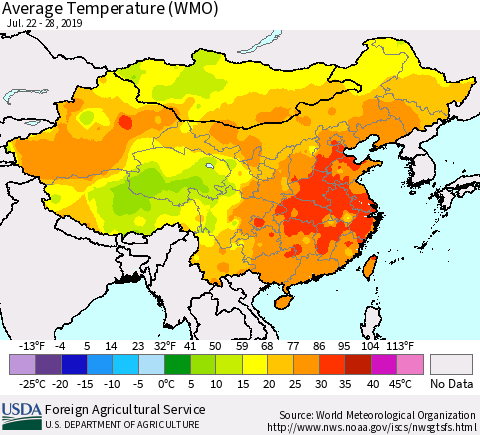 China, Mongolia and Taiwan Average Temperature (WMO) Thematic Map For 7/22/2019 - 7/28/2019