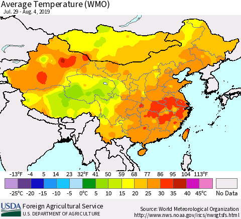 China and Taiwan Average Temperature (WMO) Thematic Map For 7/29/2019 - 8/4/2019