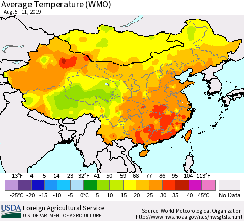 China and Taiwan Average Temperature (WMO) Thematic Map For 8/5/2019 - 8/11/2019