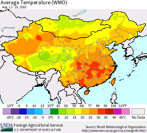 China and Taiwan Average Temperature (WMO) Thematic Map For 8/12/2019 - 8/18/2019