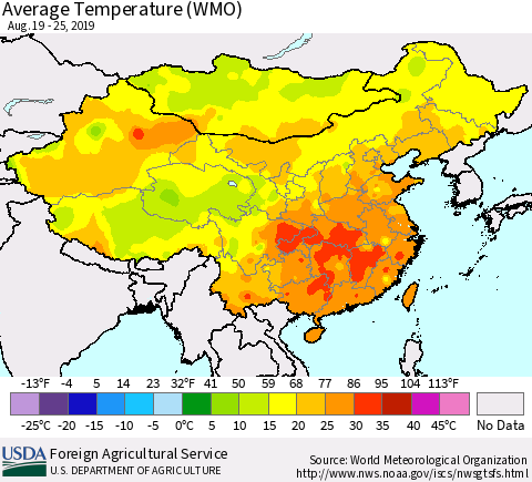 China and Taiwan Average Temperature (WMO) Thematic Map For 8/19/2019 - 8/25/2019