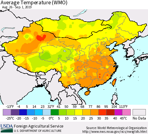 China and Taiwan Average Temperature (WMO) Thematic Map For 8/26/2019 - 9/1/2019
