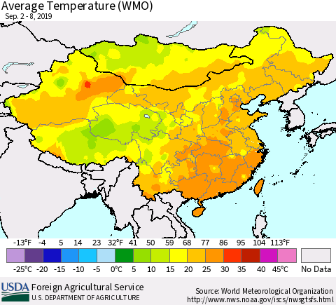 China and Taiwan Average Temperature (WMO) Thematic Map For 9/2/2019 - 9/8/2019
