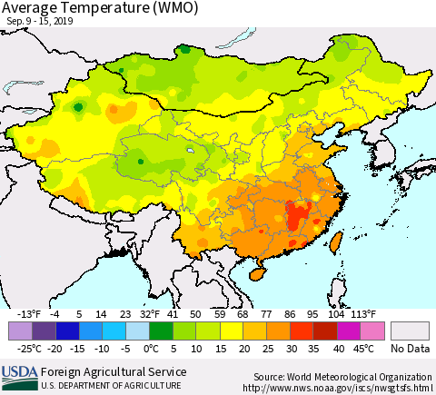 China, Mongolia and Taiwan Average Temperature (WMO) Thematic Map For 9/9/2019 - 9/15/2019