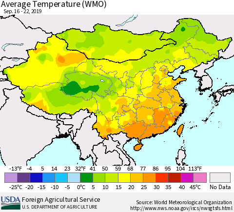 China and Taiwan Average Temperature (WMO) Thematic Map For 9/16/2019 - 9/22/2019
