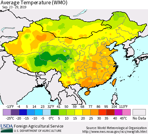 China and Taiwan Average Temperature (WMO) Thematic Map For 9/23/2019 - 9/29/2019