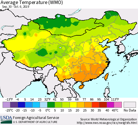 China and Taiwan Average Temperature (WMO) Thematic Map For 9/30/2019 - 10/6/2019