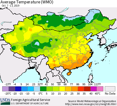 China, Mongolia and Taiwan Average Temperature (WMO) Thematic Map For 10/7/2019 - 10/13/2019