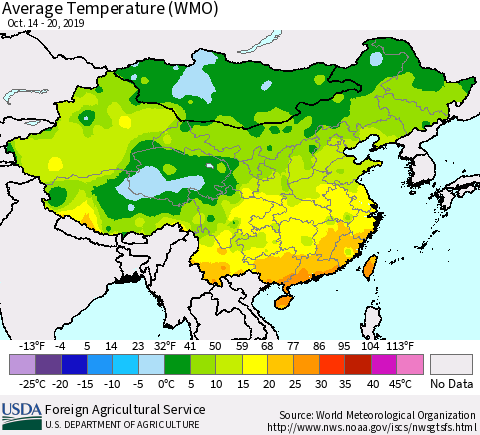 China and Taiwan Average Temperature (WMO) Thematic Map For 10/14/2019 - 10/20/2019
