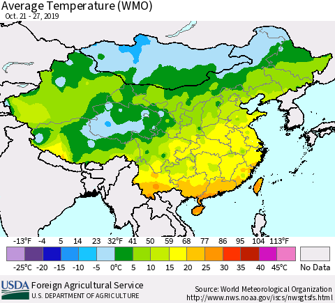 China, Mongolia and Taiwan Average Temperature (WMO) Thematic Map For 10/21/2019 - 10/27/2019
