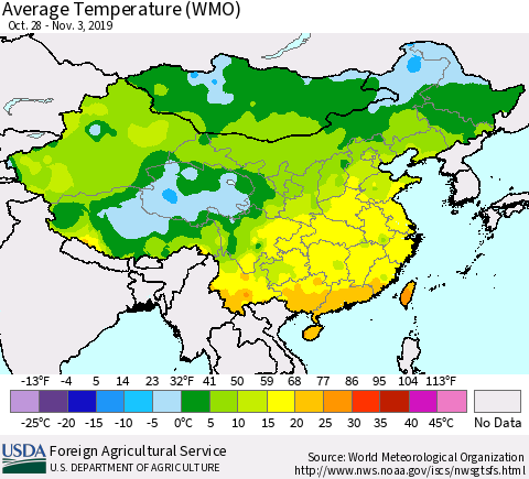 China and Taiwan Average Temperature (WMO) Thematic Map For 10/28/2019 - 11/3/2019