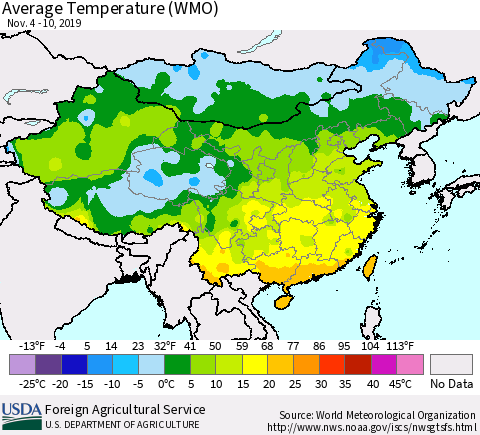 China, Mongolia and Taiwan Average Temperature (WMO) Thematic Map For 11/4/2019 - 11/10/2019