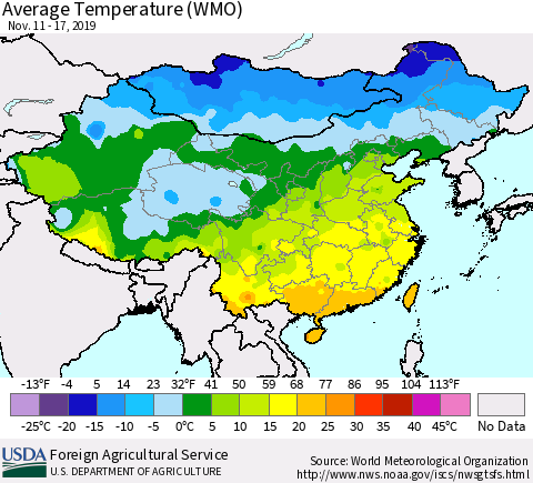China, Mongolia and Taiwan Average Temperature (WMO) Thematic Map For 11/11/2019 - 11/17/2019