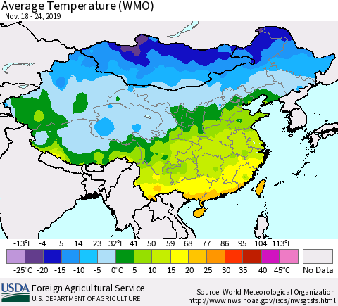 China, Mongolia and Taiwan Average Temperature (WMO) Thematic Map For 11/18/2019 - 11/24/2019