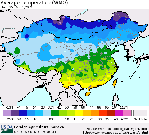 China, Mongolia and Taiwan Average Temperature (WMO) Thematic Map For 11/25/2019 - 12/1/2019