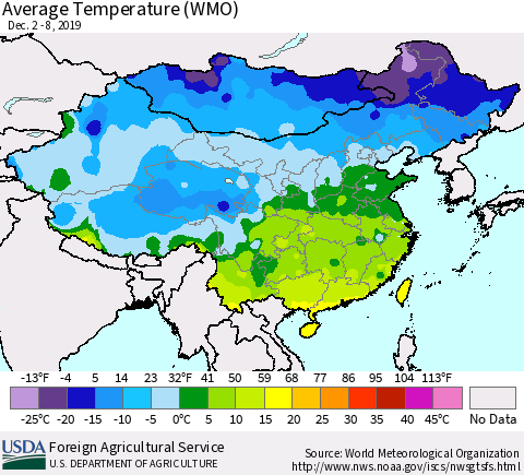 China, Mongolia and Taiwan Average Temperature (WMO) Thematic Map For 12/2/2019 - 12/8/2019