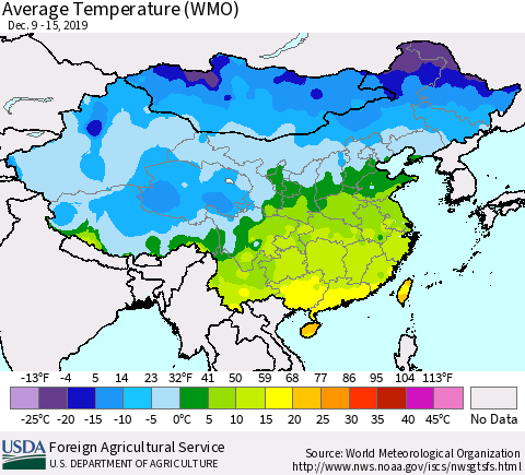 China, Mongolia and Taiwan Average Temperature (WMO) Thematic Map For 12/9/2019 - 12/15/2019
