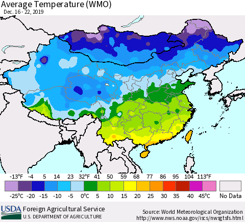 China, Mongolia and Taiwan Average Temperature (WMO) Thematic Map For 12/16/2019 - 12/22/2019