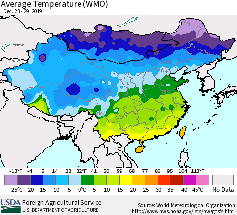 China, Mongolia and Taiwan Average Temperature (WMO) Thematic Map For 12/23/2019 - 12/29/2019