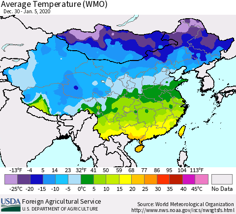 China, Mongolia and Taiwan Average Temperature (WMO) Thematic Map For 12/30/2019 - 1/5/2020