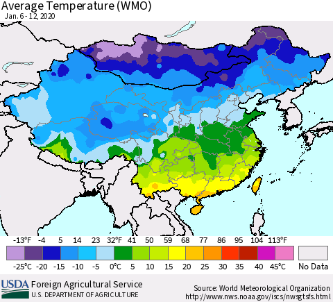 China, Mongolia and Taiwan Average Temperature (WMO) Thematic Map For 1/6/2020 - 1/12/2020