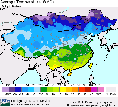 China, Mongolia and Taiwan Average Temperature (WMO) Thematic Map For 1/13/2020 - 1/19/2020