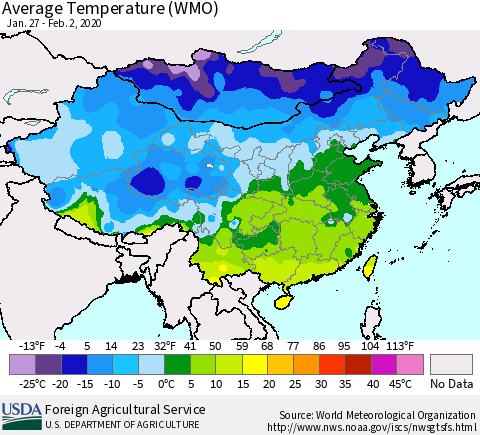 China, Mongolia and Taiwan Average Temperature (WMO) Thematic Map For 1/27/2020 - 2/2/2020