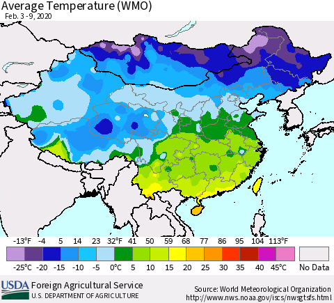 China, Mongolia and Taiwan Average Temperature (WMO) Thematic Map For 2/3/2020 - 2/9/2020