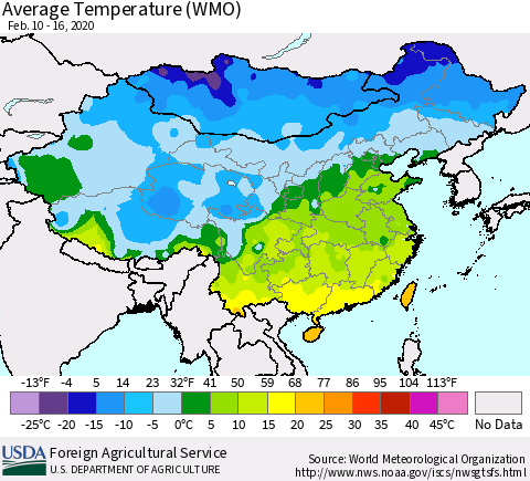 China, Mongolia and Taiwan Average Temperature (WMO) Thematic Map For 2/10/2020 - 2/16/2020