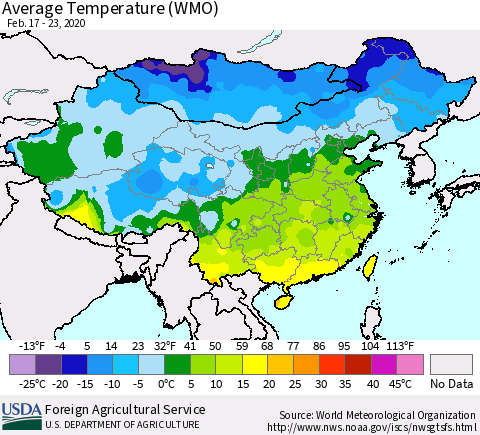 China, Mongolia and Taiwan Average Temperature (WMO) Thematic Map For 2/17/2020 - 2/23/2020