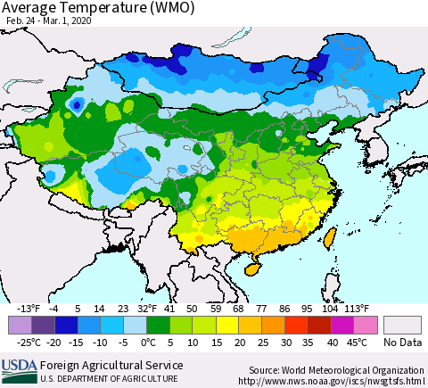 China, Mongolia and Taiwan Average Temperature (WMO) Thematic Map For 2/24/2020 - 3/1/2020