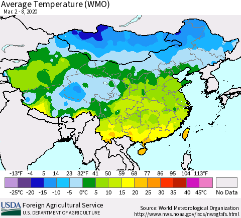 China, Mongolia and Taiwan Average Temperature (WMO) Thematic Map For 3/2/2020 - 3/8/2020