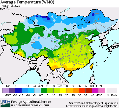 China, Mongolia and Taiwan Average Temperature (WMO) Thematic Map For 3/9/2020 - 3/15/2020