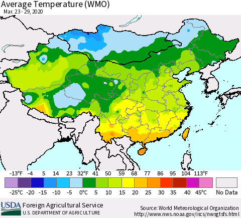China, Mongolia and Taiwan Average Temperature (WMO) Thematic Map For 3/23/2020 - 3/29/2020