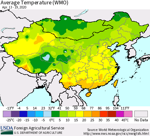 China, Mongolia and Taiwan Average Temperature (WMO) Thematic Map For 4/13/2020 - 4/19/2020