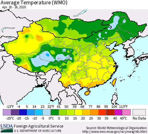 China, Mongolia and Taiwan Average Temperature (WMO) Thematic Map For 4/20/2020 - 4/26/2020