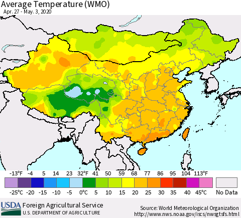 China, Mongolia and Taiwan Average Temperature (WMO) Thematic Map For 4/27/2020 - 5/3/2020