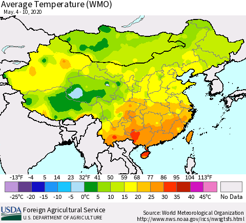 China, Mongolia and Taiwan Average Temperature (WMO) Thematic Map For 5/4/2020 - 5/10/2020