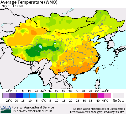 China, Mongolia and Taiwan Average Temperature (WMO) Thematic Map For 5/11/2020 - 5/17/2020
