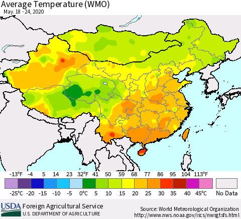 China, Mongolia and Taiwan Average Temperature (WMO) Thematic Map For 5/18/2020 - 5/24/2020
