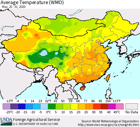 China, Mongolia and Taiwan Average Temperature (WMO) Thematic Map For 5/25/2020 - 5/31/2020
