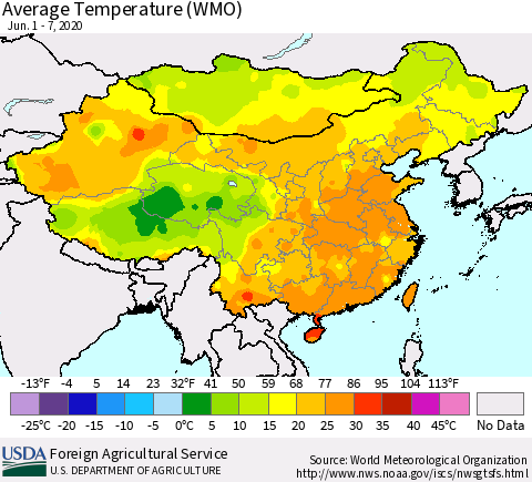China, Mongolia and Taiwan Average Temperature (WMO) Thematic Map For 6/1/2020 - 6/7/2020