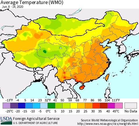 China, Mongolia and Taiwan Average Temperature (WMO) Thematic Map For 6/8/2020 - 6/14/2020