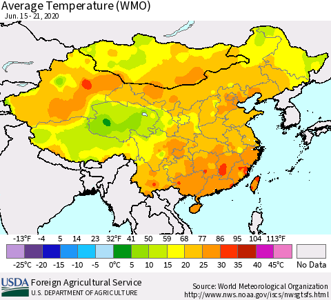 China, Mongolia and Taiwan Average Temperature (WMO) Thematic Map For 6/15/2020 - 6/21/2020